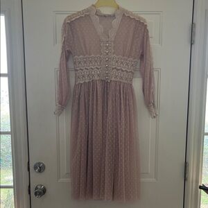 Lace-Trim Swiss Dot Midi Dress in Dusty Rose